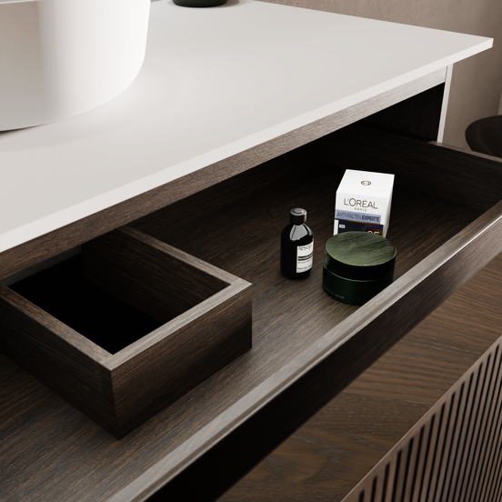 Balmani Forma hängendes Möbelstück Set: 120 x 55 cm, Geräucherte Eiche, mit Tablo Arcato Einzelwaschtisch für 2 Armaturenlöcher, Solid Surface, Weiß matt, Vertikale symmetrische gerade Rippe