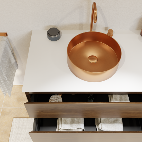 Balmani Mitra zwevend badkamermeubel 120 x 55 cm amerikaanse notelaar met Stretto enkel of dubbel tablet in solid surface mat wit
