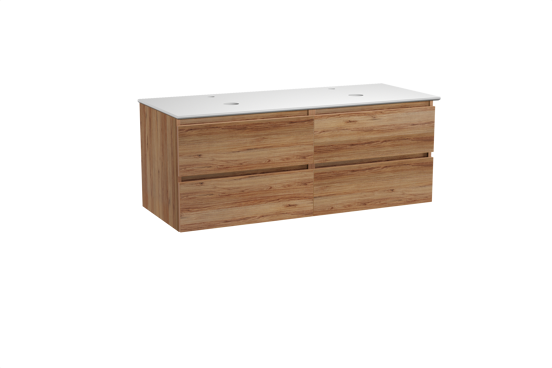 Balmani Lucida meuble salle de bains suspendu 135 x 55 cm teck avec Facetta tablette double en solid surface blanc mat