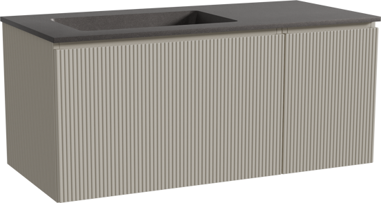 Storke Ribs meuble salle de bains suspendu 110 x 52 cm soie grise avec Scuro plan vasque asymétrique à gauche en quartz noir mat, Nervure droite symétrique verticale