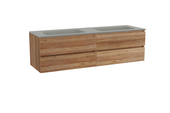 Balmani Lucida zwevend badkamermeubel 180 x 55 cm teak met Tablo Strada dubbele wastafel in composietmarmer zijdegrijs