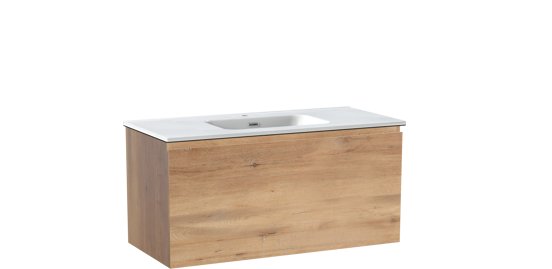 Linie Lado hängendes Möbelstück Set: 100 x 46 cm, Naturbelassene Eiche, mit Baro Einzelwaschtisch, Porzellan Weiß glänzend