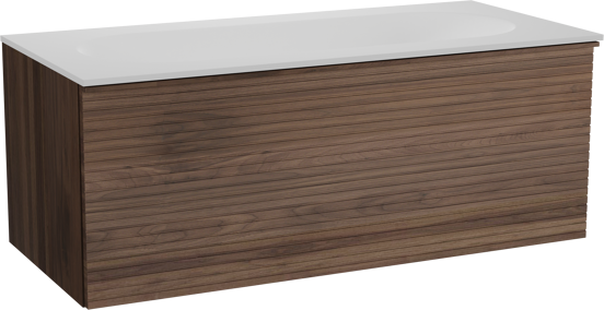 Balmani Forma zwevend badmeubel 120 x 55 cm amerikaans notenhout met Tablo Oval enkele wastafel voor 2 kraangaten in solid surface mat wit, Horizontale symmetrische rechte ribbel