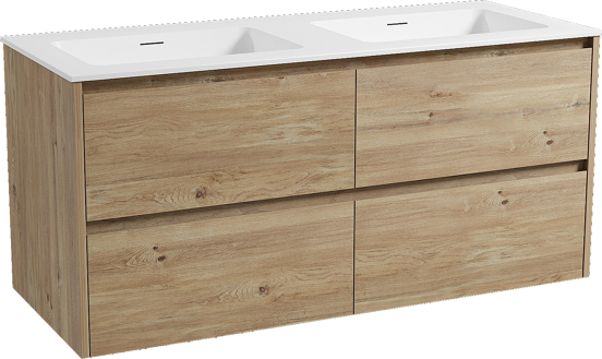 Storke Seda meuble salle de bains suspendu 130 x 52 cm chêne brut avec Mata double vasque en solid surface blanc mat