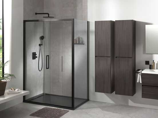 Luca Varess Senses douchecabine met schuifdeur en vaste zijwand 140 x 100 cm helder glas mat zwart profiel