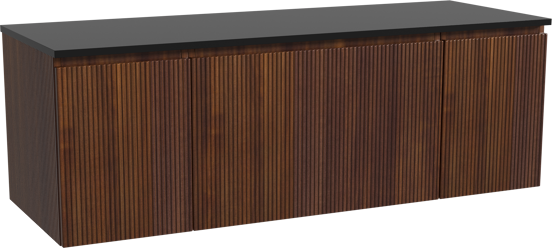 Storke Ribs zwevend badkamermeubel 145 x 52 cm notelaar met Panton enkel of dubbel tablet in gepoedercoate mdf mat zwart, Verticale symmetrische rechte ribbel