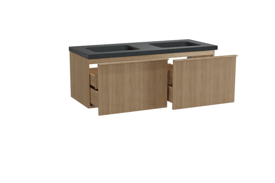 Balmani Forma zwevend badkamermeubel 135 x 55 cm natuur eik met Napoli dubbele wastafel in graniet zwart, Verticale symmetrische rechte ribbel