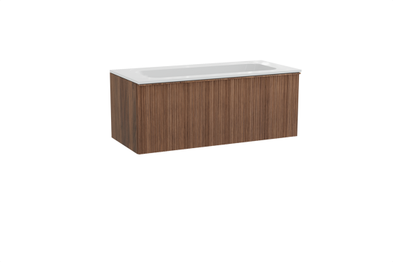 Balmani Forma zwevend badkamermeubel 120 x 55 cm amerikaanse notelaar met Tablo Strada enkele wastafel in composietmarmer glanzend wit, Verticale asymmetrische ronde ribbel