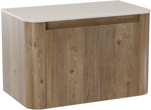 Storke Soft zwevend badkamermeubel 80 x 46 cm ruwe eik met Tavola Soft enkele tablet in solid surface beige granita