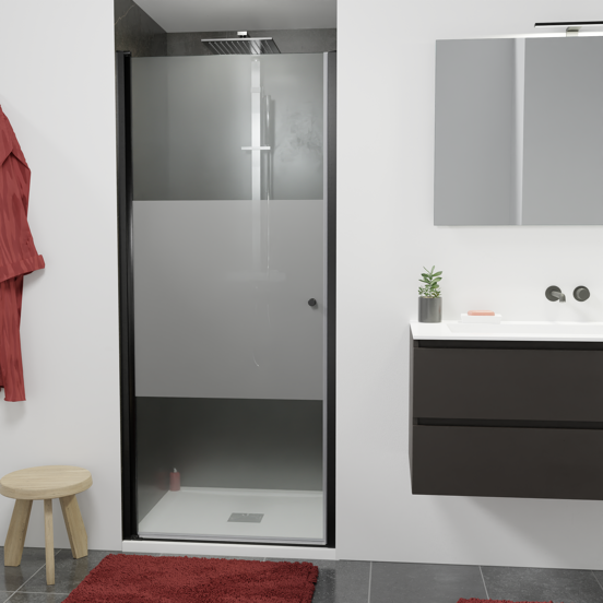 Luca Varess Kuresa douche draaideur 90 x 200 cm helder glas met matte strook mat zwart profiel