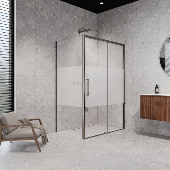 Balmani Senses Design douchehoek met rechtse schuifdeur en vaste zijwand, 120 x 90 cm, Helder glas met matte strook, Brushed GunMetal profielen