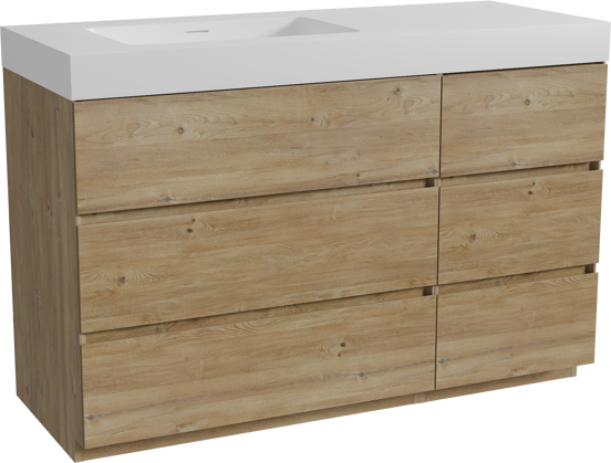 Storke Edge staand badkamermeubel 130 x 52 cm ruwe eik met Mata High asymmetrisch linkse wastafel in solid surface mat wit