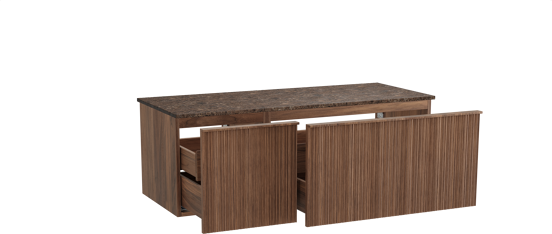 Balmani Forma zwevend badmeubel 135 x 55 cm amerikaans notenhout met Stretto enkel of dubbel wastafelblad in marmer dark emperador, Verticale asymmetrische ronde ribbel
