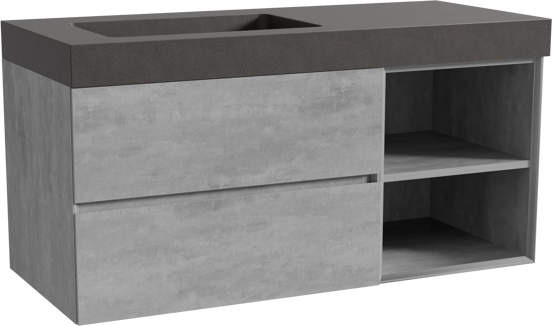 Storke Edge meuble salle de bains suspendu 120 x 52 cm béton gris foncé avec Scuro High plan vasque asymétrique à gauche en quartz noir mat