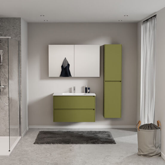Storke Seda zwevend badkamermeubel 95 x 52 cm olijfgroen met Mata enkele wastafel in solid surface mat wit