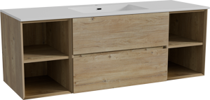 Storke Edge zwevend badmeubel 145 x 52 cm ruw eiken met Diva enkele wastafel in composietmarmer hoogglans wit