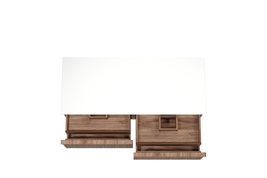 Balmani Forma hängendes Möbelstück Set: 135 x 55 cm, Amerikanischer Nussbaum, mit Stretto Einzel- oder Doppel Waschtischplatte, Solid Surface, Weiß matt, Vertikale asymmetrische Runde Rippe