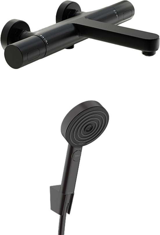 Blaufoss Apollo Badewannenarmatur: Wandmontage, Schwarz matt, inkl. Handbrauseset