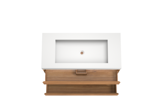Balmani Mitra meuble salle de bains suspendu 120 x 55 cm teck avec Modus lavabo simple pour 2 trous de robinet en solid surface blanc mat