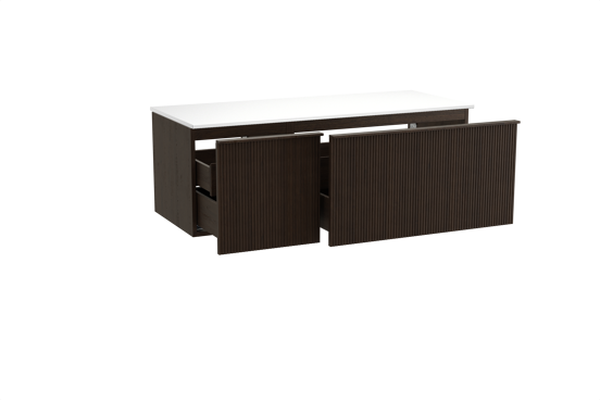 Balmani Forma meuble salle de bains suspendu 135 x 55 cm chêne fumé avec Stretto tablette simple ou double en solid surface blanc mat, Nervure droite symétrique verticale