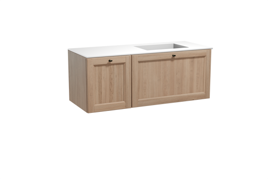 Balmani Lemon zwevend badkamermeubel 135 x 55 cm verweerde eik met Tablo Stretto asymmetrisch rechtse wastafel in solid surface mat wit