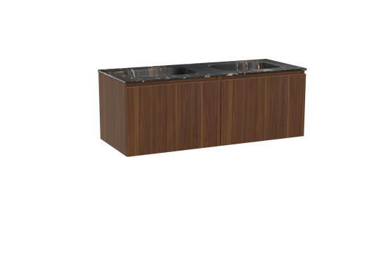 Balmani Sfera hängendes Möbelstück Set: 135 x 55 cm, Amerikanischer Nussbaum, mit Tablo Arcato Doppelwaschtisch, Marmor Portoro Gold