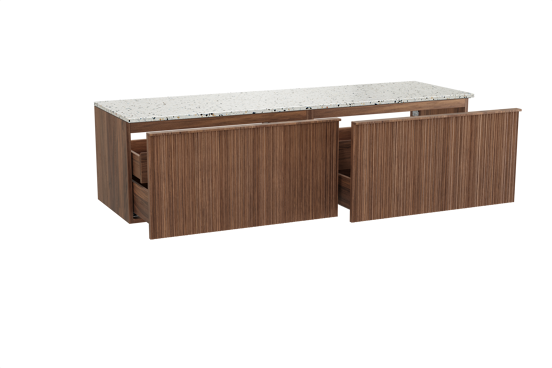 Balmani Forma hängendes Möbelstück Set: 180 x 55 cm, Amerikanischer Nussbaum, mit Stretto Einzel- oder Doppel Waschtischplatte, Terrazzo in Weiß/Schwarz matt, Vertikale asymmetrische Runde Rippe