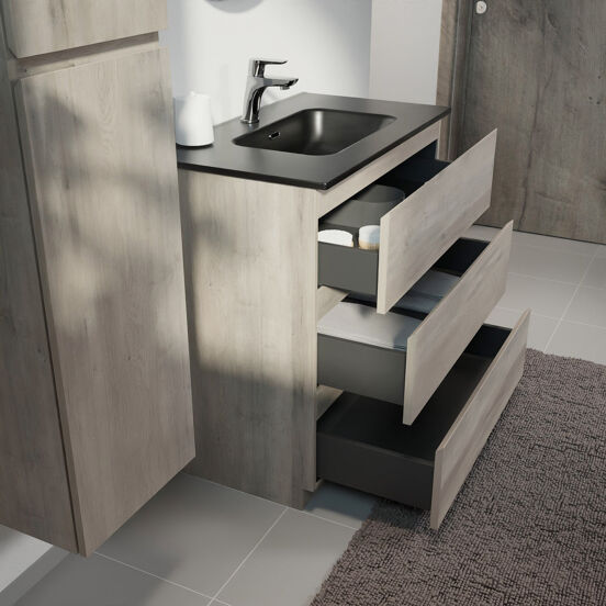Linie Lado meuble salle de bains à poser 80 x 46 cm chêne gris avec Baro plan simple en porcelaine noir mat