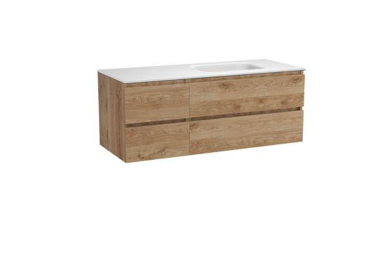 Balmani Lucida meuble salle de bains suspendu 135 x 55 cm chêne brut avec Tablo Arcato vasque asymétrique droite en solid surface blanc mat