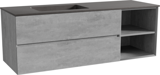 Storke Edge zwevend badmeubel 150 x 52 cm beton donkergrijs met Scuro asymmetrisch linkse wastafel in kwarts mat zwart