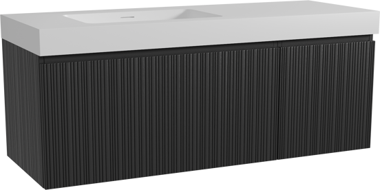 Storke Ribs hängendes Möbelstück Set: 140 x 52 cm, Schwarze Eiche, mit Mata High Waschtisch links, Solid Surface, Weiß matt, Vertikale asymmetrische gerade Rippe