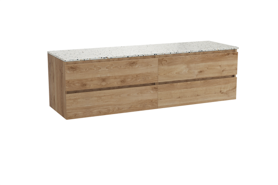 Balmani Lucida meuble salle de bains suspendu 180 x 55 cm chêne brut avec Stretto tablette simple ou double en blanc/noir mat terrazzo