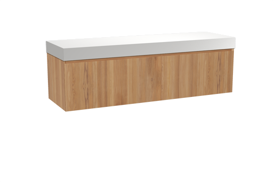 Balmani Idra zwevend badkamermeubel 180 x 55 cm teak met Dominus enkel of dubbel tablet in solid surface mat wit