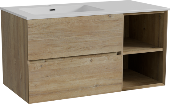Storke Edge meuble salle de bains suspendu 100 x 52 cm chêne brut avec Diva plan vasque asymétrique à gauche en marbre composite blanc brillant