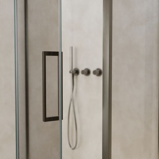 Balmani Senses Design douchehoek met linkse draaideur en vaste zijwand, 100 x 100 cm, Helder glas, Brushed GunMetal profielen