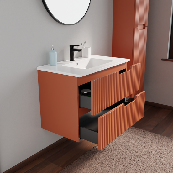 Linie Ribbo meuble salle de bains suspendu 80 x 46 cm cotto avec Vano plan simple en marbre composite blanc brillant, Nervure circulaire symétrique verticale