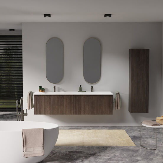 Balmani Forma zwevend badkamermeubel 180 x 55 cm gerookte eik met Tablo Oval dubbele wastafel in solid surface mat wit, Verticale symmetrische rechte ribbel
