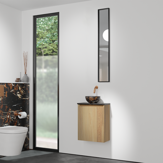 Balmani Mitra zwevend toiletmeubel 42 x 21 cm naturel eiken met Facetta wastafelblad en Bari XS waskom in Portoro Gold marmer