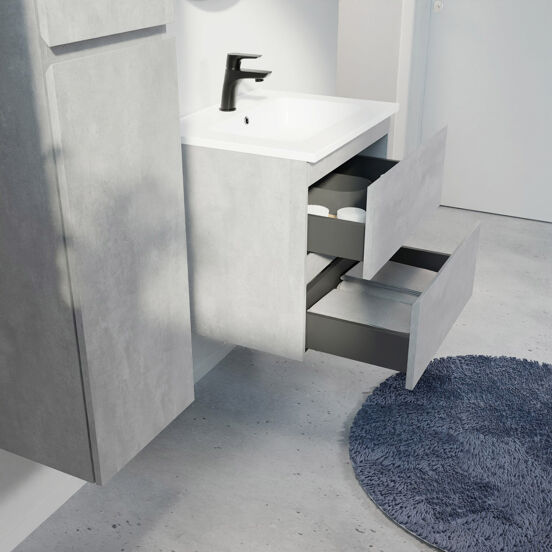 Linie Lado meuble salle de bains suspendu 60 x 46 cm béton gris foncé avec Vano plan simple en marbre composite blanc mat