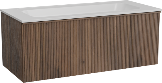 Balmani Forma zwevend badkamermeubel 120 x 55 cm amerikaanse notelaar met Tablo Strada enkele wastafel in composietmarmer mat wit, Verticale symmetrische rechte ribbel
