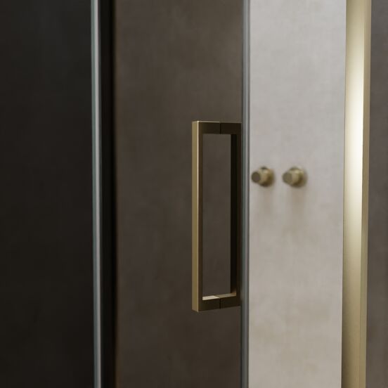 Balmani Senses Design douchehoek met linkse draaideur en vaste zijwand, 120 x 90 cm, Rookglas, Brushed Champagne Gold profielen, met coating