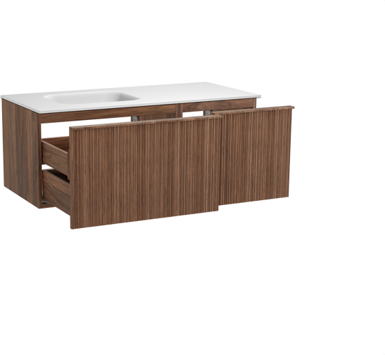 Balmani Forma zwevend badmeubel 120 x 55 cm amerikaans notenhout met Tablo Arcato asymmetrisch linkse wastafel in solid surface mat wit, Verticale asymmetrische ronde ribbel