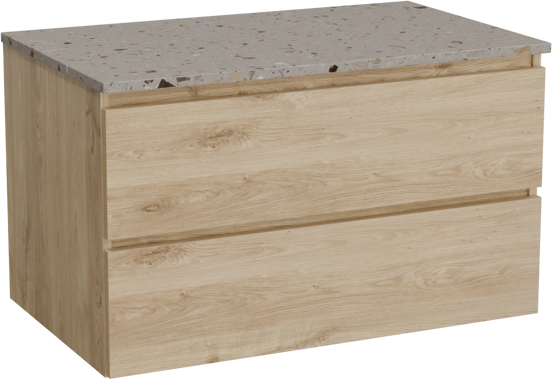 Balmani Lucida zwevend badkamermeubel 90 x 55 cm ruwe eik met Stretto enkel tablet in terrazzo greige terrazzo