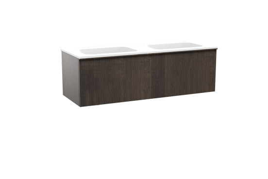 Balmani Forma meuble salle de bains suspendu 150 x 55 cm chêne fumé avec Tablo Strada double vasque en marbre composite blanc mat, Nervure droite symétrique verticale