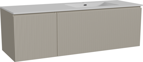 Storke Ribs zwevend badmeubel 150 x 52 cm zijdegrijs met Diva asymmetrisch rechtse wastafel in composietmarmer hoogglans wit, Verticale symmetrische rechte ribbel