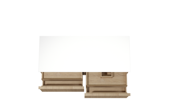 Balmani Forma zwevend badkamermeubel 135 x 55 cm natuur eik met Stretto enkel of dubbel tablet in solid surface mat wit, Verticale symmetrische rechte ribbel