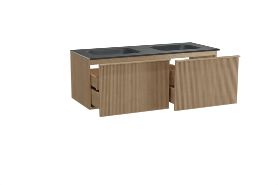 Balmani Forma zwevend badkamermeubel 135 x 55 cm natuur eik met Tablo Arcato dubbele wastafel in graniet zwart, Verticale symmetrische rechte ribbel
