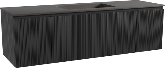Storke Ribs hängendes Möbelstück Set: 165 x 52 cm, Schwarze Eiche, mit Scuro Einzelwaschtisch, Quarz, Schwarz matt, Vertikale asymmetrische gerade Rippe
