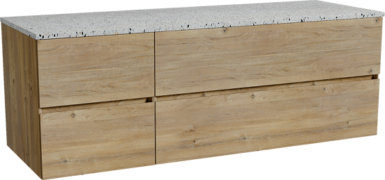 Storke Edge zwevend badmeubel 150 x 52 cm ruw eiken met Tavola enkel of dubbel wastafelblad in mat wit/zwart terrazzo