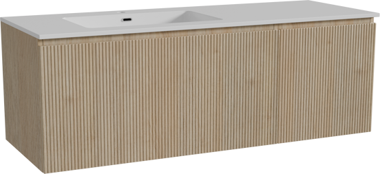 Storke Ribs zwevend badmeubel 140 x 52 cm ruw eiken met Diva asymmetrisch linkse wastafel in composietmarmer hoogglans wit, Verticale symmetrische rechte ribbel